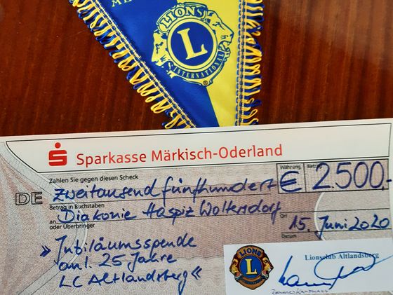 Spendenschein vom Lions Club - Spende für das Diakonie Hospiz Woltersdorf