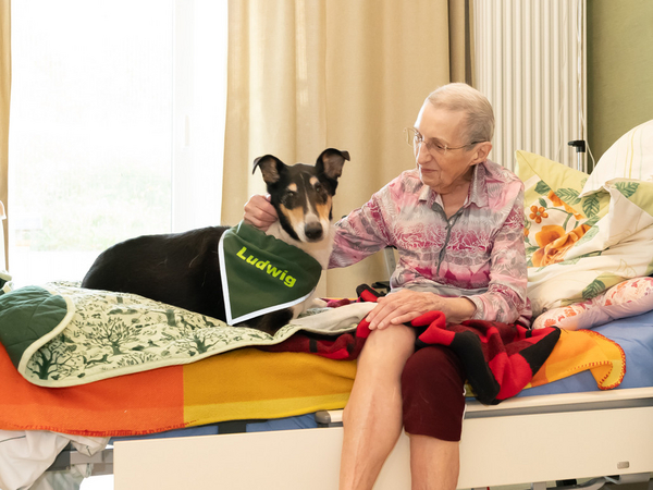 Gast mit Besuchshund Balaou - Spenden für Hundetherapie - Diakonie Hospiz Woltersdorf